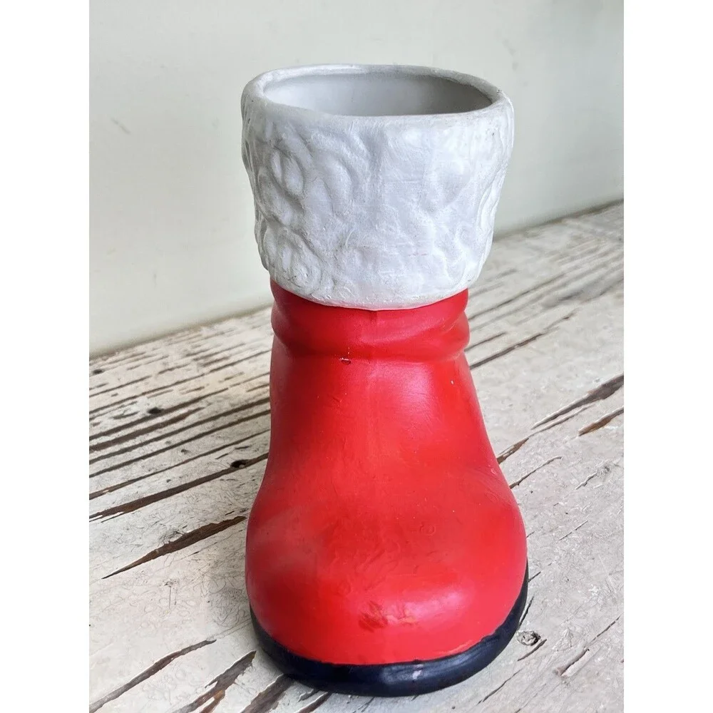 Vintage Hand Painted Ceramic Christmas Santa Boot Candy Cane Holder / Planter